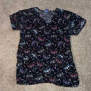 Zoe + Chloe Black Scrub Top Frenchies with Colorful Glasses Pattern, XS